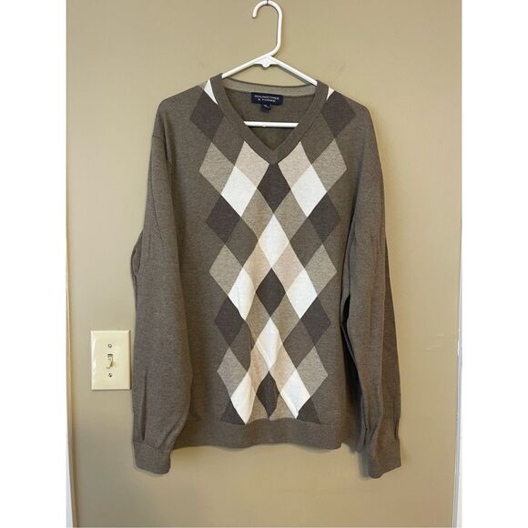 Roundtree & Yorke Mens Tan Brown Argyle Cotton Sweater Extra Large XL - Picture 1 of 6